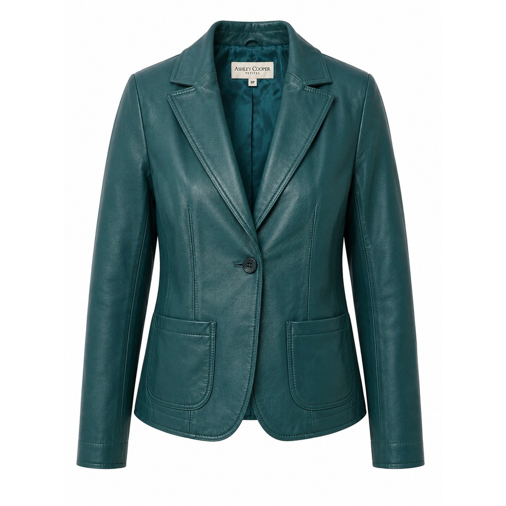 Casual Corner Vintage 90s Teal Green Genuine Leather Blazer Jacket Women's Small